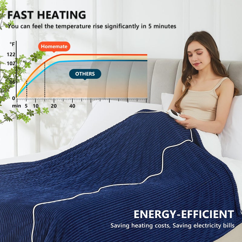 Home Mate Homemate Heated Blanket Electric Throw - 50""x60"" Heating Blanket Throw 1/2/4/6/8 Hours Auto-Off 10 Heat Levels Heat Blanket Over-Heat Protection Soft Flannel Sherpa Heater Blanket ETL Certification - Image 4